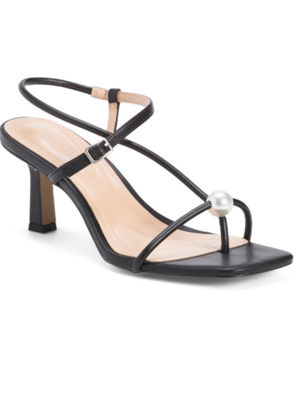 Adrienne Vittadini Black Strappy Pearl-Accent Heeled Sandal